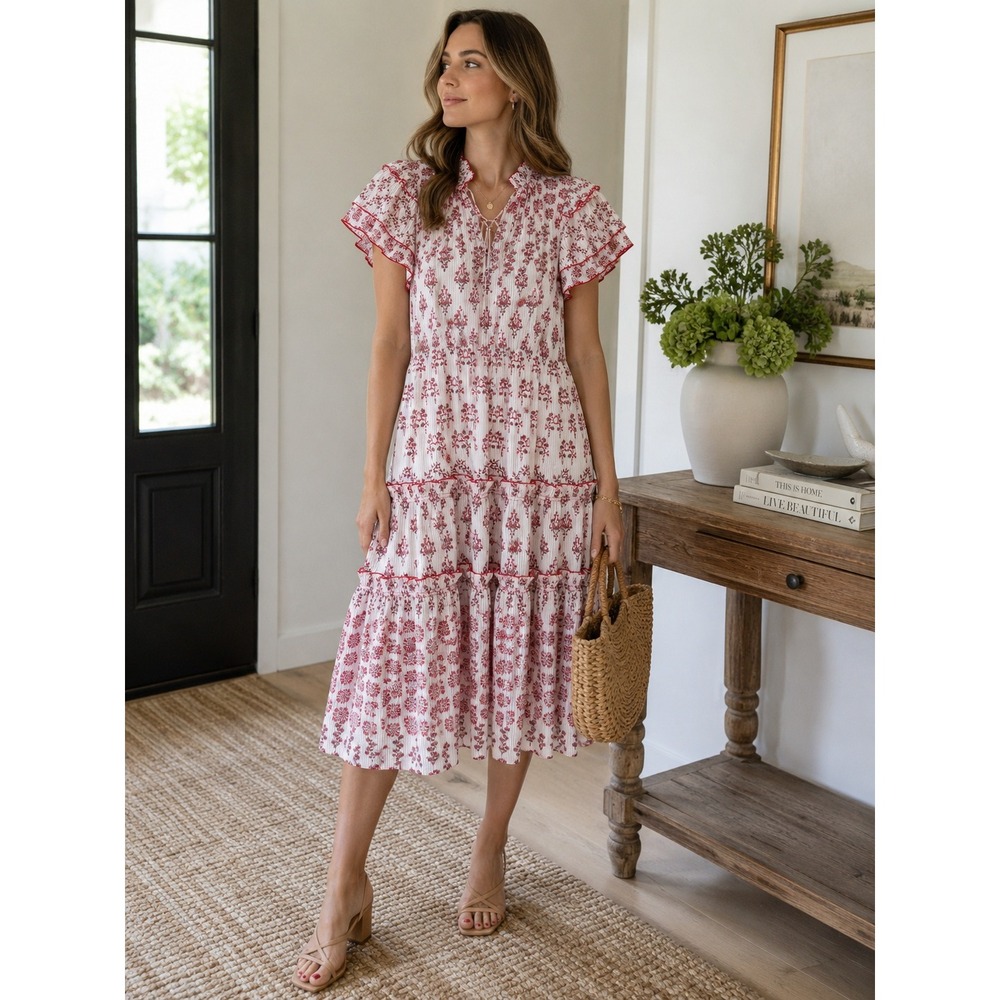 Hunter Bell Midi Dress Womens L Red White Block Print Tiered Ruffle Flutter Slee